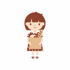 Cute cartoon girl with brown bob haircut holding a baguette in a paper bag.