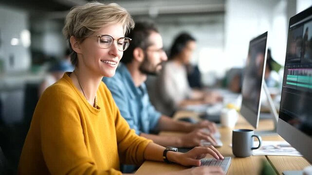 A team of expert editors in a vibrant video production agency huddles around dual monitors tweaking color grading sliders and stitching a montage coffee mugs and storyboards scat