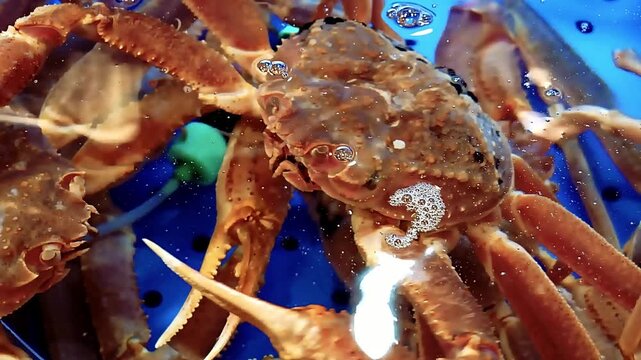 Fresh live crabs captured behind a fine-dining kitchen, showcasing their natural movement and freshness. Perfect for seafood restaurant visuals, culinary footage, gourmet kitchens, commercial seafoods