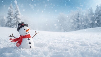 Fototapeta premium A charming snowman shaped like a snow angel in a wintery setting with empty space for text.