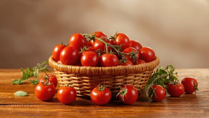 Fresh red cherry tomatoes gathered in a rustic basket on a wooden surface