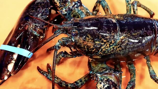 Fresh live lobster behind a fine dining restaurant kitchen, showcasing premium shellfish quality and movement. Ideal for seafood restaurants, culinary footage, and commercial seafood visuals.