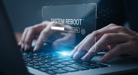System reboot process is shown on a laptop computer with a progress bar at 75 percent.
