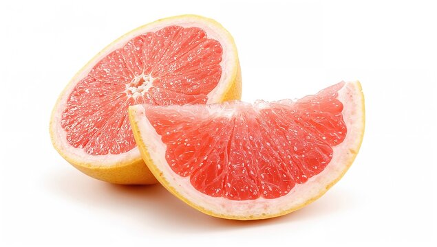 Freshly cut pink pomelo segments showcasing the health advantages of citrus fruits, set against a white backdrop.