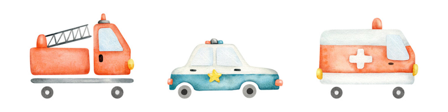 Children Set of fire truck, ambulance, police engine. Collection isolated hand drawn watercolor Illustrations. Clip art of rescue services cars for baby poster, kids goods, room design