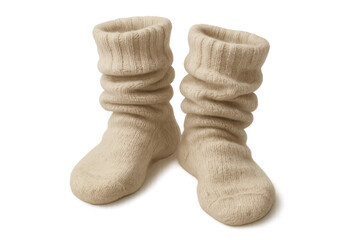 Pair of soft beige knitted wool socks providing warmth and coziness for winter footwear on transparent background