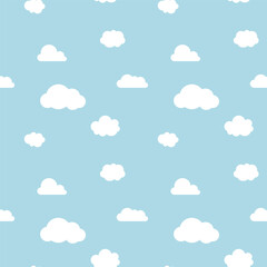 Cute Pastel sky background with white fluffy clouds. Simple flat cloud seamless pattern design. Nursery wallpaper design vector