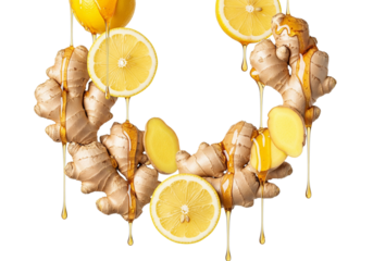 Golden Elixir: Fresh Ginger, Lemon Slices, and Sweet Honey Drips - Natural Health and Immunity Concept on White