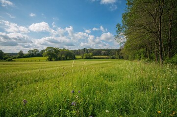 Fototapeta premium Lush countryside field under a clear summer sky with vibrant greenery and trees