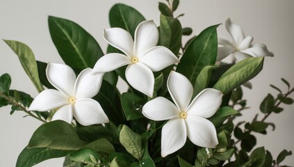 Fototapeta premium Beautiful White Gardenia jasminoides Blooms Accompanied by Green Foliage, enhancing garden aesthetics