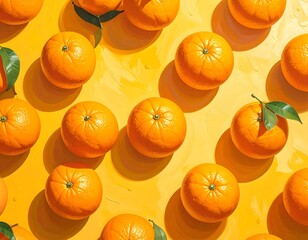 Overhead shot of several vibrant, textured oranges on a yellow surface