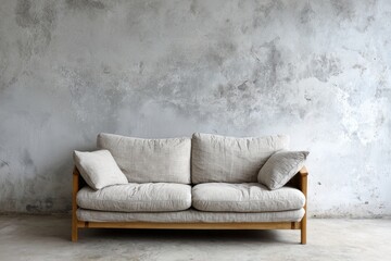 Simple linen sofa rests against a textured gray wall in an interior setting