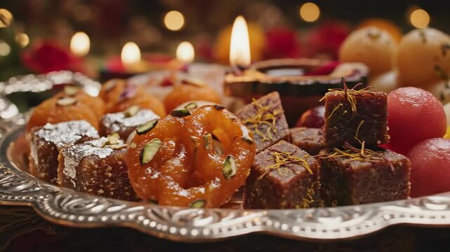 Traditional Indian Sweets and Diyas for Diwali Celebration.