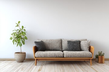 Interior living space features a contemporary wooden sofa against a clean white wall with potted greenery