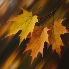 Brightly colored autumn maple leaves hang from a branch, creating a dynamic blur effect as they sway gently in the breeze. The warm tones capture the essence of fall Generative AI