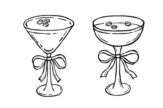 Coquette espresso cocktail martini with bow, vector illustrations set, doodle whimsical sketch for party invitation, outline drinks
