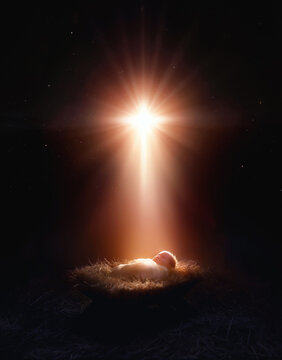 A bright, large star in the shape of a cross shines brightly, blessing the baby Jesus in the manger, a background for celebrating Christmas and the birth and death of Jesus.
