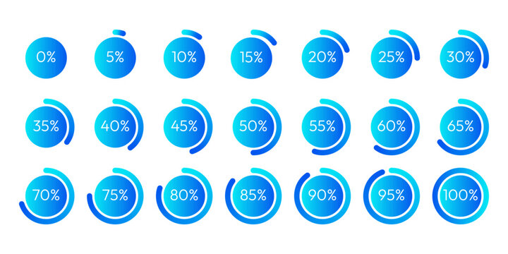 Blue gradient progress circle vector set. Circular loading bar infographic elements. collection of modern ui progress indicator 0 5 10 15 20 25 30 35 40 45 50 55 60 65 70 75 80 85 90 95 100 percent