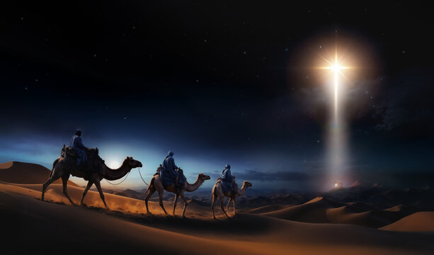 The three wise men follow a bright, large star to Bethlehem, marking the birth of Jesus Christ and the setting for Christmas.

