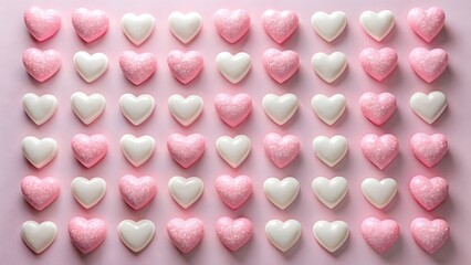 A grid of pastel pink and white heart shaped candies arranged on a pink background