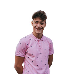 young man smiling confidently while standing transparent background, wearing a pink polo shirt with...