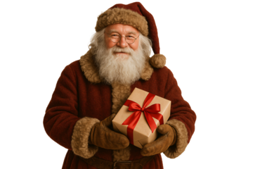 Santa in brown coat with a gift. Retro image of kindness.