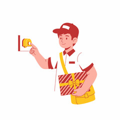 Young delivery man in a red cap ringing a doorbell with a gift box.