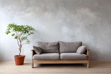 Simple indoor seating arrangement features a modern sofa beside a potted green plant against a textured wall