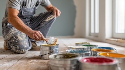 Man kneeling on floor, dipping paintbrush into vibrant paint during renovation.