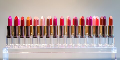 A collection of lipsticks in various colors, arranged on a clear display stand.