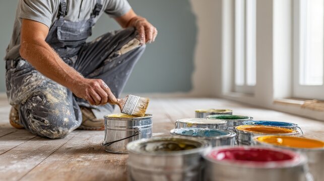 Man kneeling on floor, dipping paintbrush into vibrant paint during renovation.