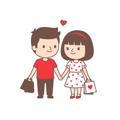 Cute cartoon couple holding hands and shopping together.