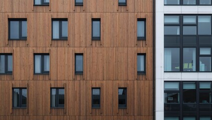 Contemporary Building Exterior Featuring Wood Panels and Glass Windows, Urban Density