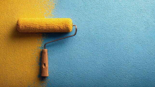 Vibrant yellow paint applied by roller on a textured blue wall.