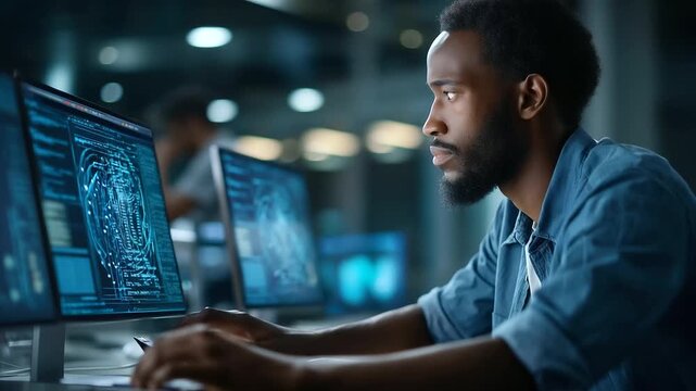 An African American engineer works on AI ethics coding neural network tools screens showing virtual intelligence visuals a futuristic interface behind AI ethics coding neural