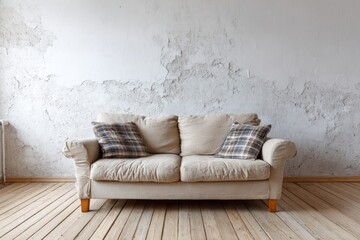 Comfortable sofa sits before a distressed white wall with wooden floorboards