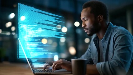 An African American IT engineer analyzes programming code on a laptop a futuristic interface with automation scripts glowing behind his desk with a coffee mug AI automation - Powered by Adobe