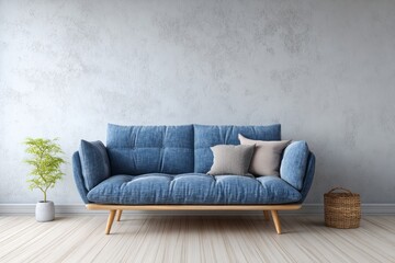 Contemporary living room staging features a plush blue sofa against a textured gray wall