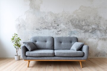 Contemporary gray settee rests against an aged, textured wall above a wooden floor
