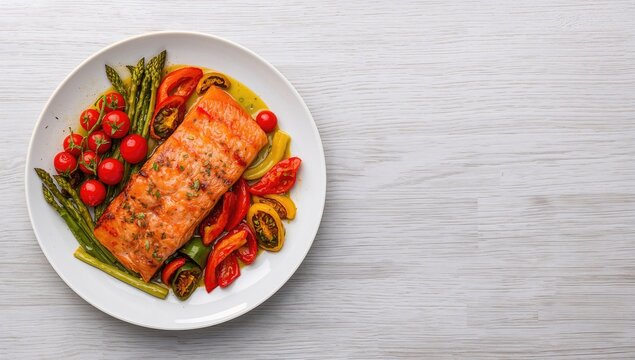Delicious salmon steak with grilled vegetables on a light grey surface, overhead shot. Text area available