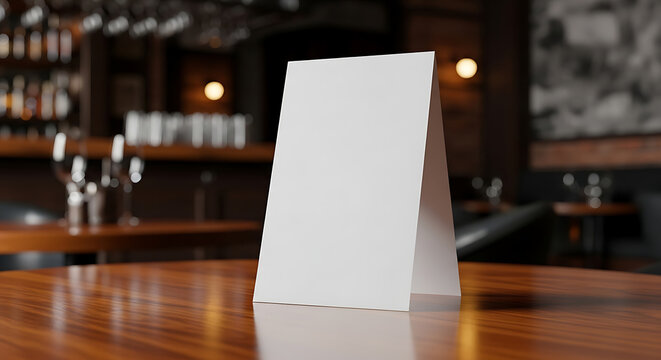 Blank white table tent card mockup on wooden table in restaurant bar with blurred background