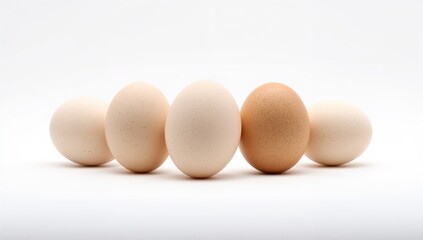 Five eggs placed on a white surface, protein-rich meal