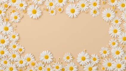 Circle of chamomile flowers on beige surface, suitable for seasonal greetings, Spring