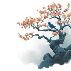 Serene bird perched on a blooming tree branch amidst swirling clouds