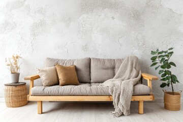 Minimalist natural wood frame couch setup against a textured neutral wall