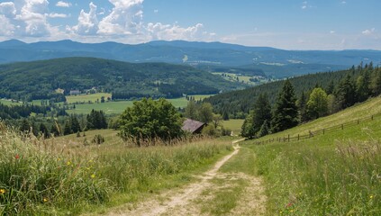 Fototapeta premium Scenic view of a countryside farm in a rural area, focusing on farming and tourism themes.