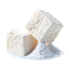 White powdered substance and cubes stacked together for ingredient or material concepts
