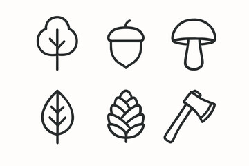 Minimalist forest icons set: tree, acorn, mushroom, leaf, pinecone, axe