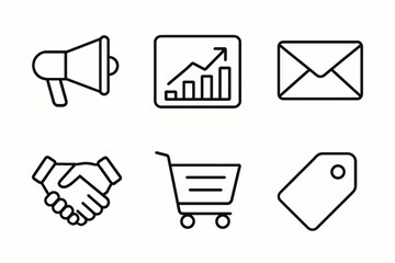 Business icon set: marketing, analytics, email, handshake, shopping cart, tag