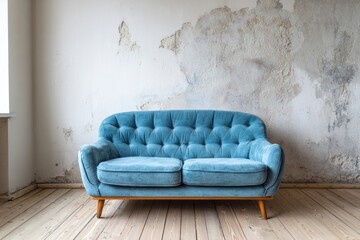 Vintage blue upholstered settee rests against a distressed white wall above light wooden flooring
